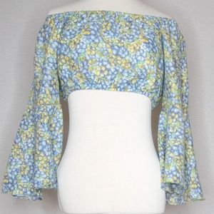 Blue and Yellow Dainty Flower Bell Sleeve Crop Top